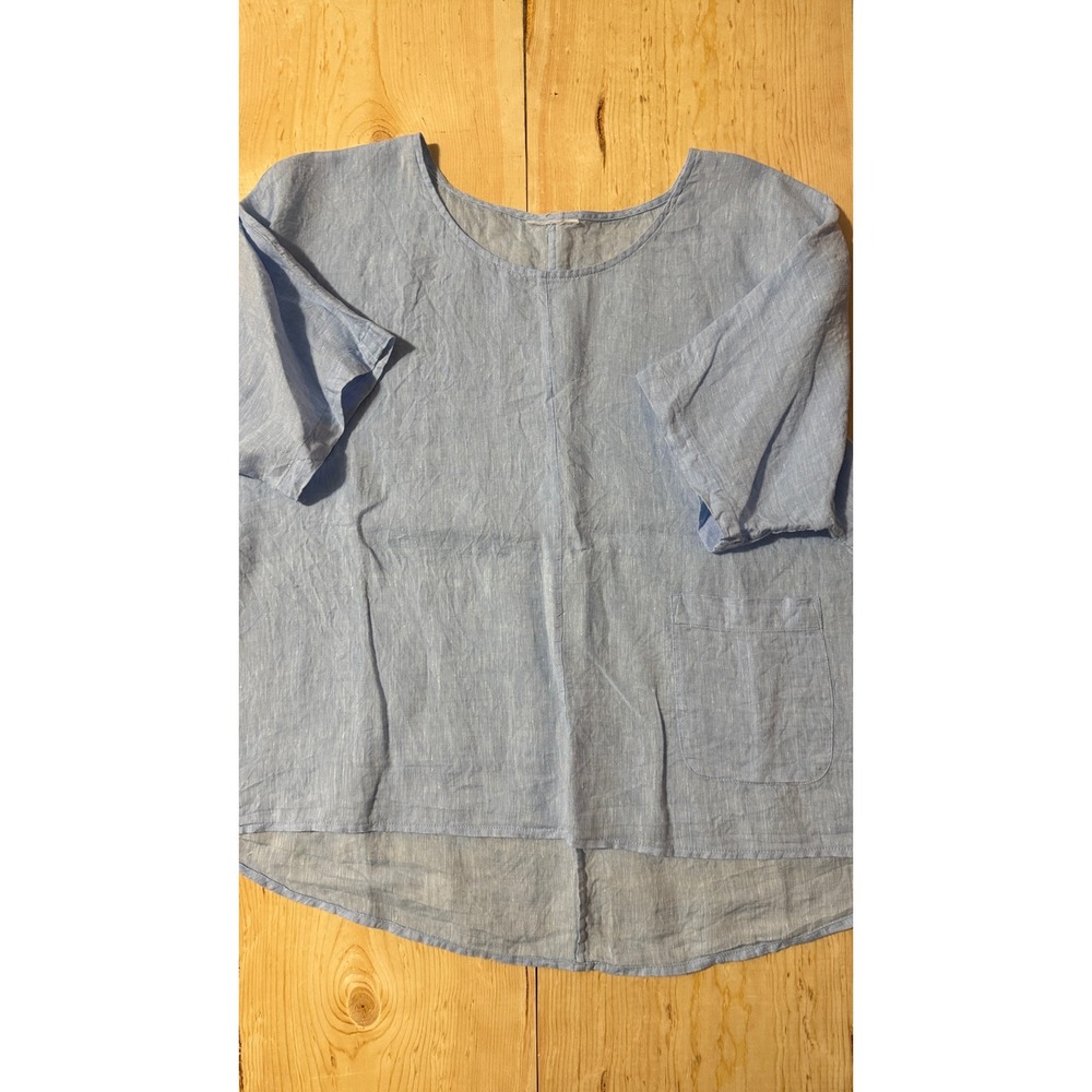 J. Jill Love Linen Blue 100% Linen Boxy Short Sleeve Top Patch Pocket RN 97641